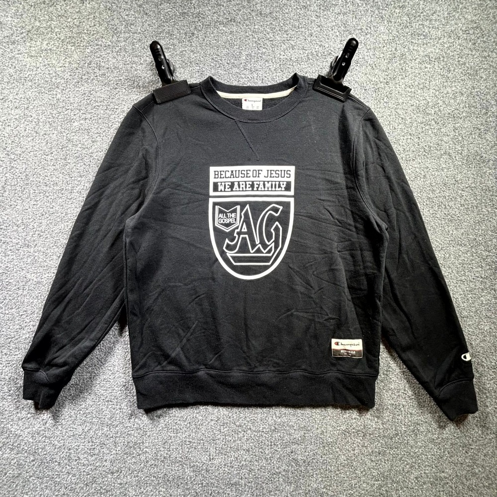 Champion Sweatshirt Mens L Black Because Of Jesus We Are Family Graphic Pullover